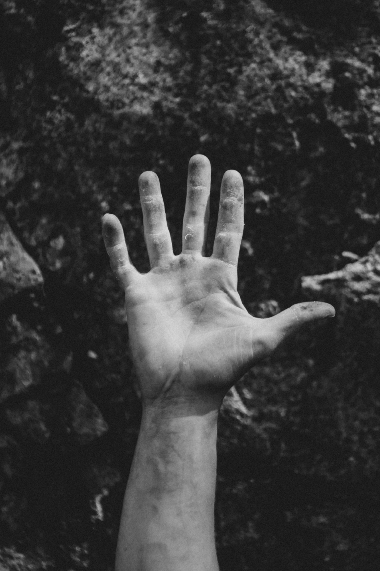 Black-and-white photograph of a climber’s chalked hand
