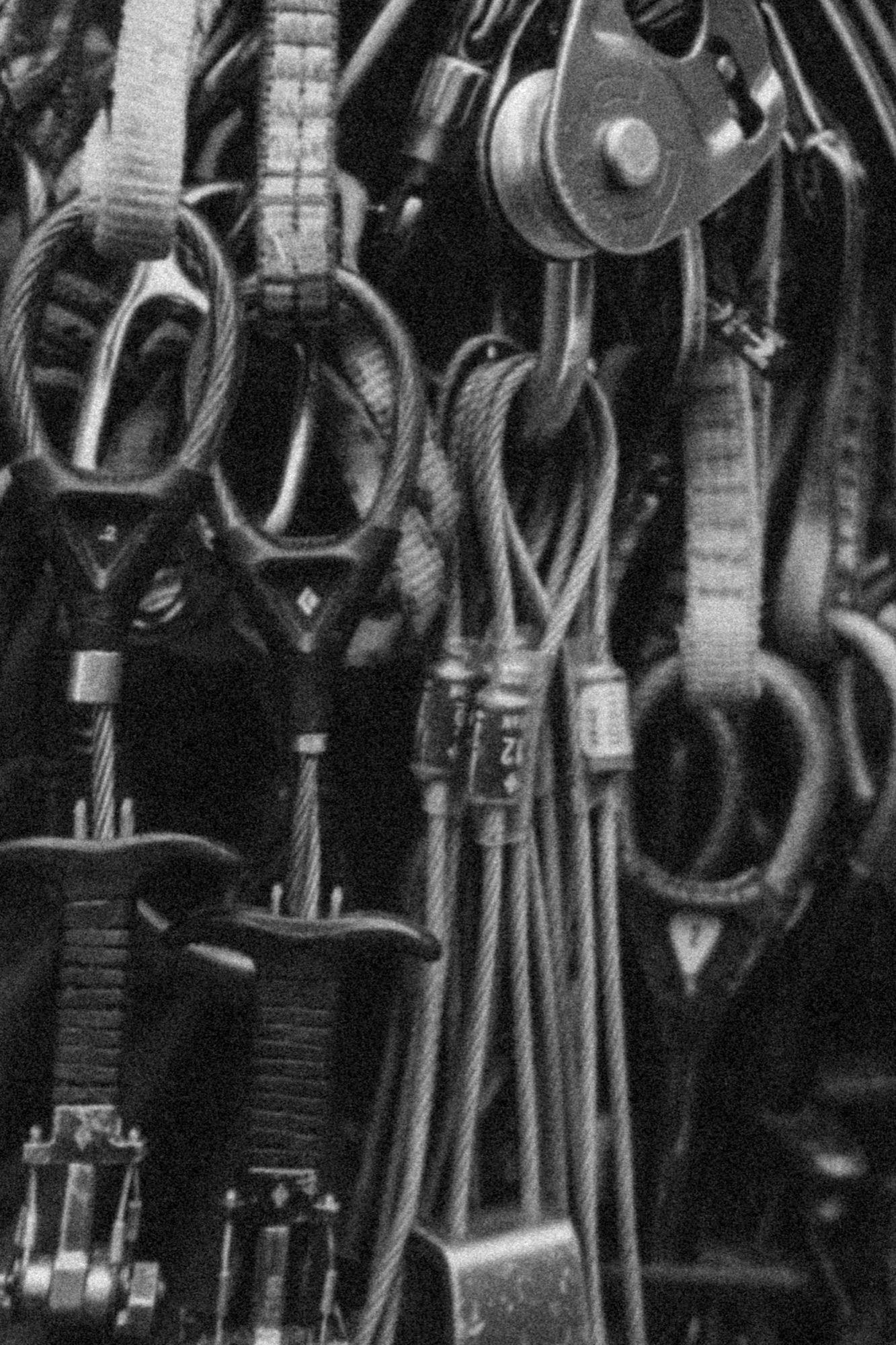 Black-and-white detail of climbing protection and carabiners